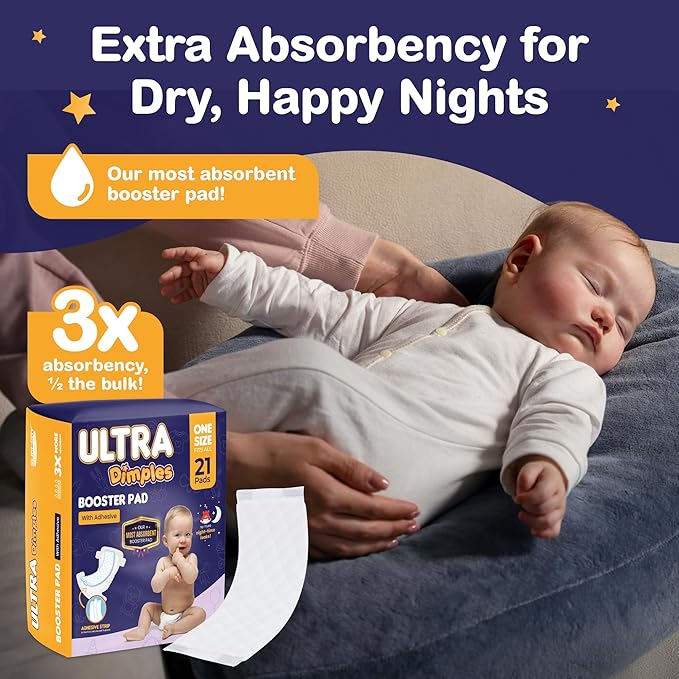 Dimples Booster Pads, Baby Diaper Doubler Inserts with Adhesive - 1 Size Fits All Diapers - Boosts Absorbency - No More leaks for Overnight, Travel, Nighttime or Anytime 21 Count