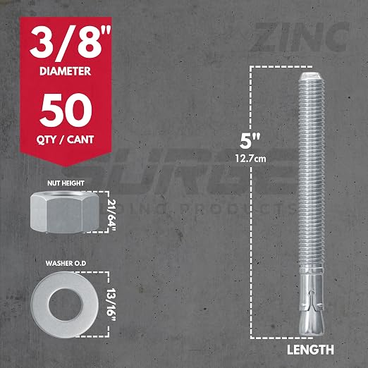 3/8" x 5" Zinc-Plated Wedge Anchors - Image 2