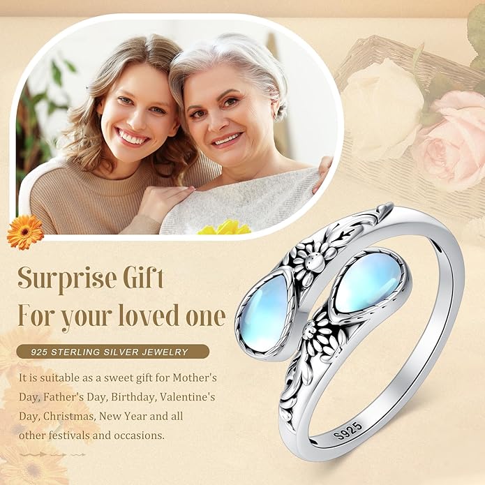 Moonstone Ring for Women 925 Sterling Silver Adjustable Open Ring Boho Statement Jewelry Gift for Her