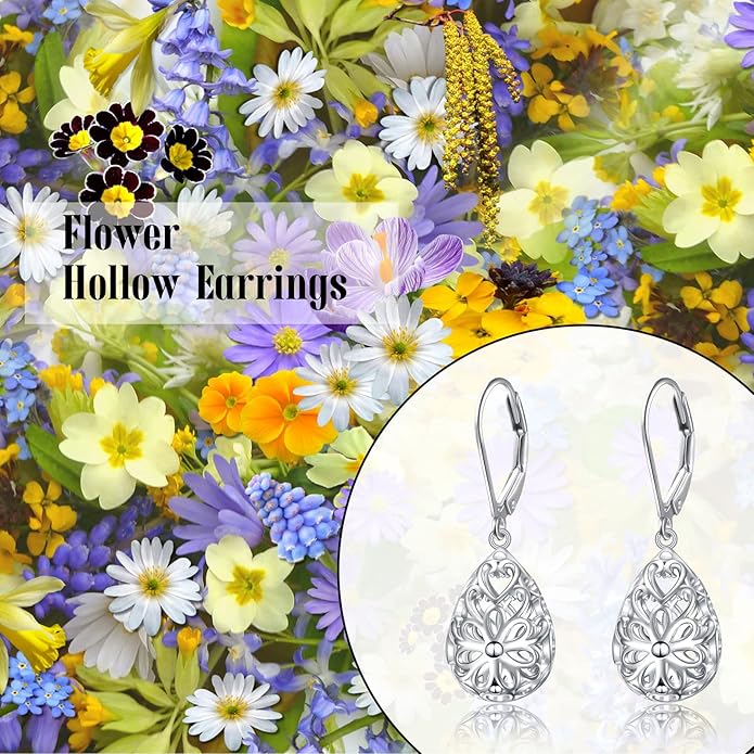 925 Sterling Silver Filigree Dangle Drop Earrings Daisy/Lotus/Rose Flower/Moonstone Leverback Teardrop Earrings for Women Infinity Celtic Knot Daisy Lotus Jewelry for Mothers Day