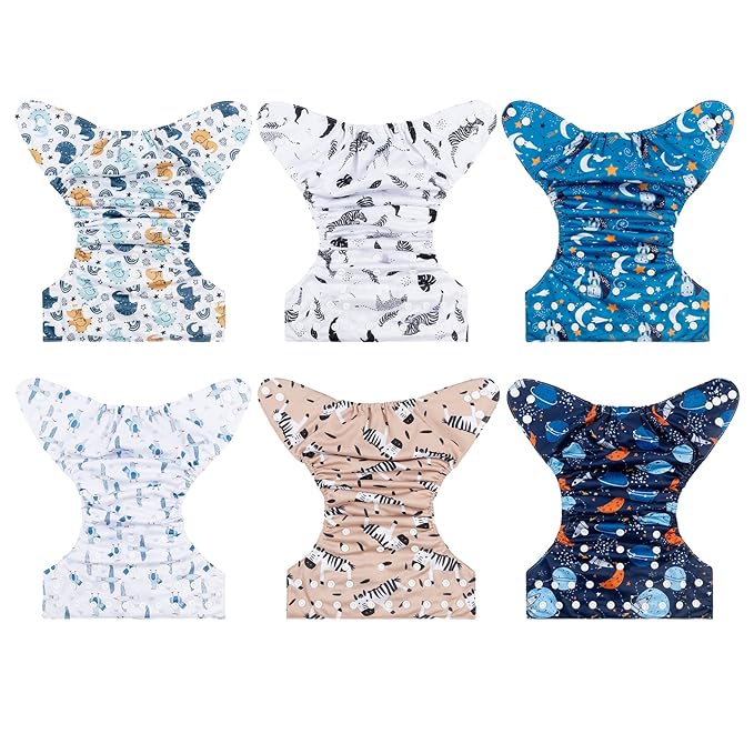 babygoal Reusable Cloth Diapers 6 Pack+6pcs Rayon from Bamboo Inserts+Wet Bag, One Size Adjustable Washable Pocket Nappy Covers for Baby Boys and Girls 6FB36