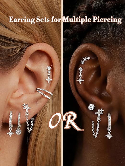 Dochais Flat Back Cartilage Earrings for Women Trendy Dainty CZ Flatback Studs Earing Sets 14k Gold Plated Hypoallergenic Huggie Hoops Earring Stacks for Multiple Piercing