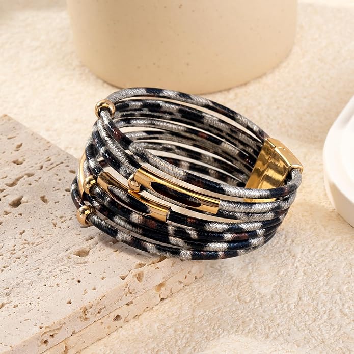 Wrapped Bracelets for Women,Leather Bracelet,Boho Bracelets for Women,Multi-Layer Pearl Crystal Bracelet Bangle Jewelry