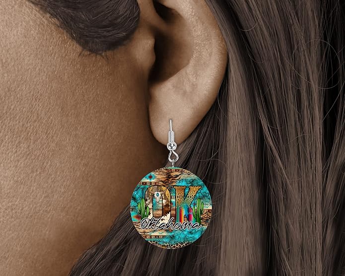 Round Wood Earrings Light Weight Printed Image Dangle Jewelry