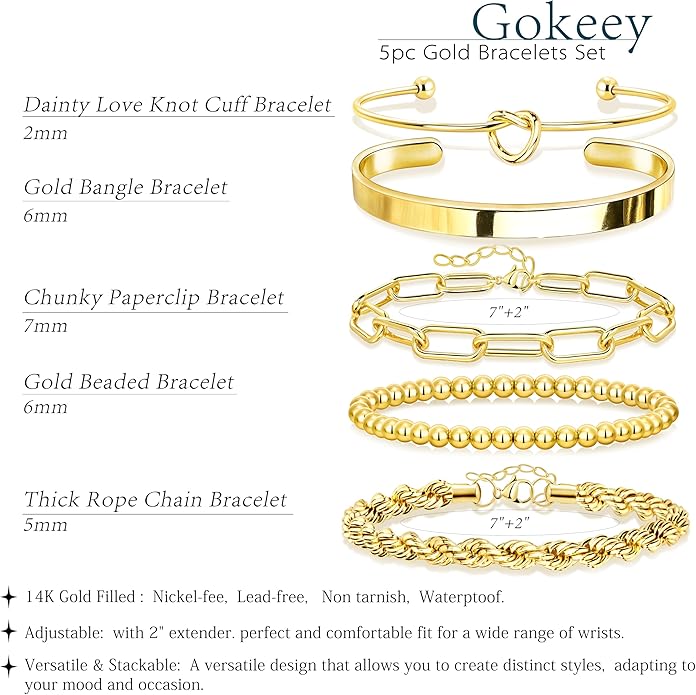 Gold Bracelets Set for Women Non Tarnish, 14K Gold Plated Sterling Silver Chunky Cuff Bracelet Stackable Gold Bangles Bracelet for Women Trendy Fashion Accessories Tie Knot Cuban Rope Paperclip Beaded Bracelet Stack Jewelry Valentines Day Gifts