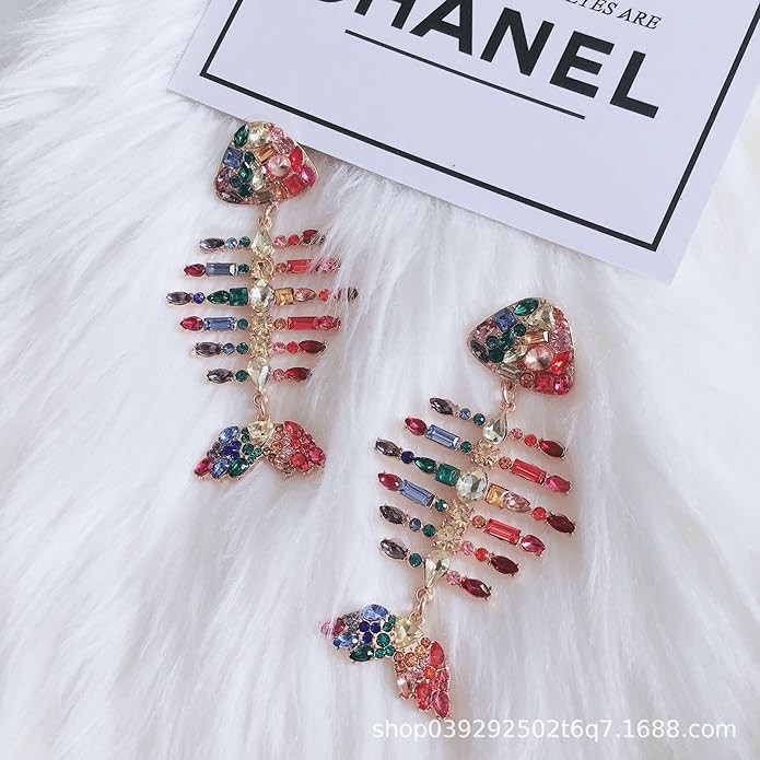 Gold Colorful Acrylic Rhinestone Fishbone Earrings Exaggerated Fish Animal Long Pendant Earrings Metal Studs Jewelry for Women Gift