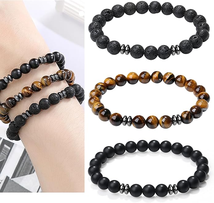 XIANNVXI Natural Stone Beads Bracelet for Men Crystal Bracelets 8MM Tiger Eye Lava Rock Obsidian Beaded Bracelet Set Black/Red/Blue Crystal Beaded Bracelets for Men