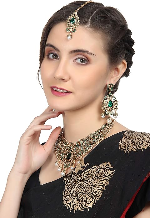 Touchstone Indian jewelry sets for women tikka wedding necklace costume guest statement bollywood rhinestones crystal faux pearls gold big royal neck piece set bridal fashion accessories