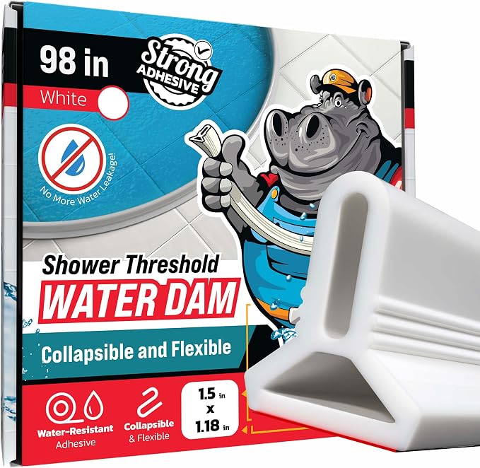 98" White Shower Threshold Water Dam Barrier, 1.5" Tall Water Stopper Strip | by ExploreHippoDam