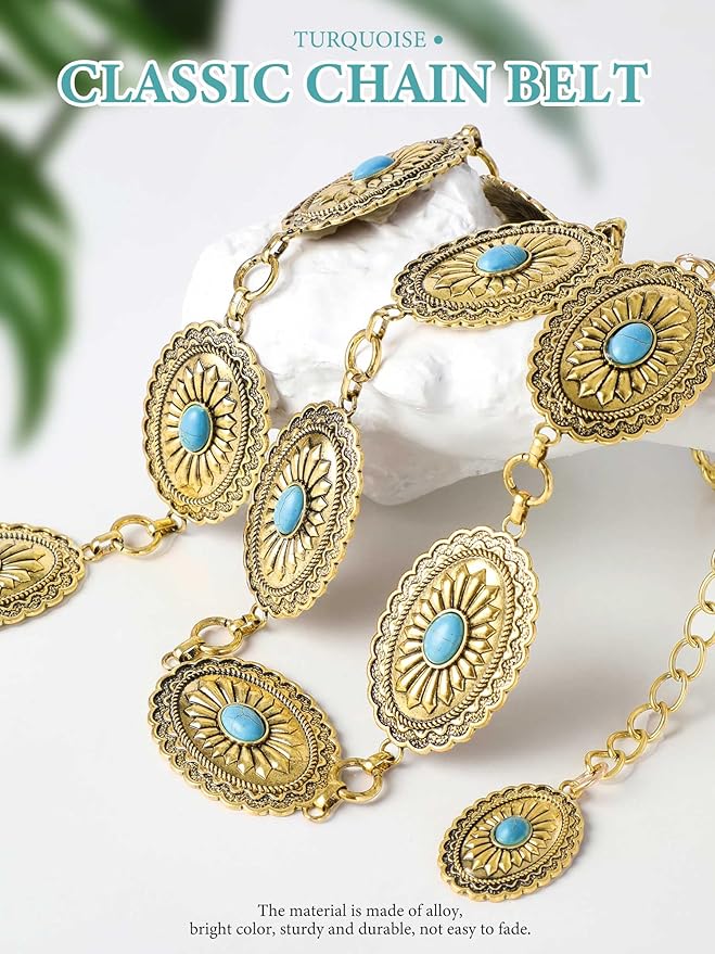 FIORETTO Metal Waist Chain Link Belt for Women Western Cowgirl Boho Turquoise Belts for Dress Jeans Country Concert Outfit