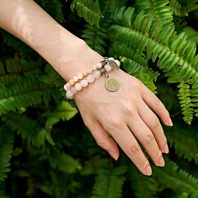 Bivei Natural Semi Precious Gemstone beads bracelet for women - Life Tree and Leaf Charm Energy Reiki Crystal Stretch Bracelets