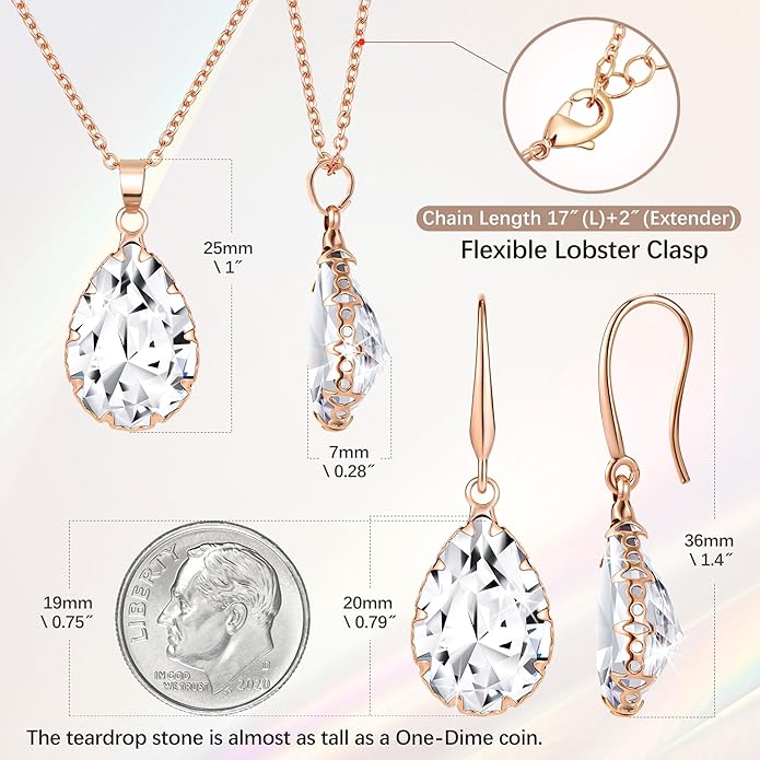Linawe Crystal Jewelry Sets for Women, Imitation Diamond Pendant Necklace, Rhinestone Drop Dangle Earrings, Birthstone Cubic Zirconia Matching Wedding Jewelry, 14K Gold/Rose Gold/Silver Tones