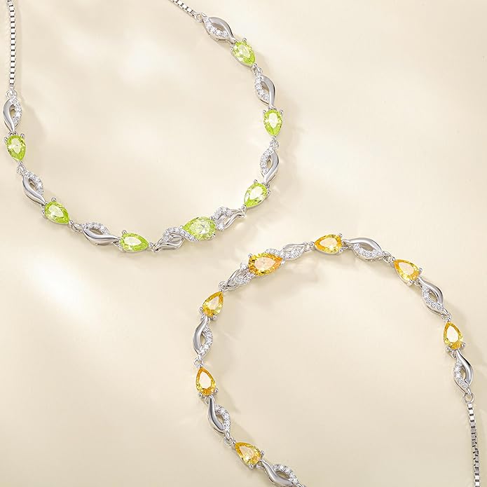 FANCIME Birthstone Teardrop Tennis Bracelet for Women, Sterling Silver 9x7mm main Gemstone Bolo Adjustable Chain Bracelet Fine Jewelry Birthday Gifts for Women Mom Wife Her