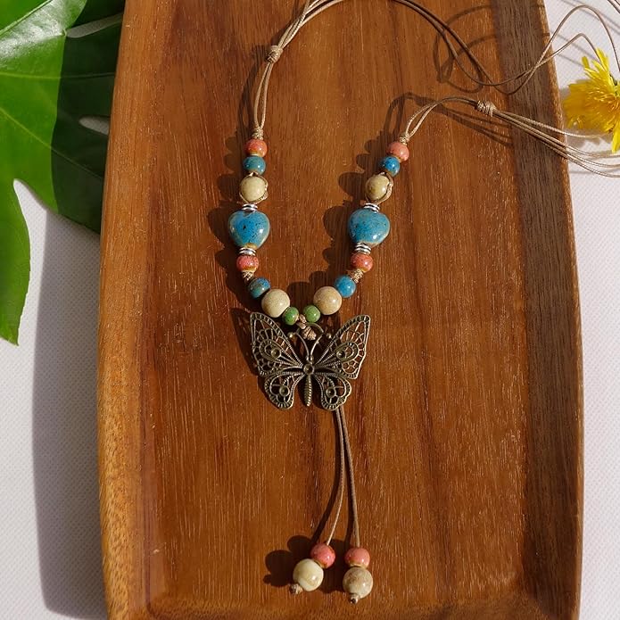 Boho Style Colorful Ceramic Bead Strand Necklace Adjustable Bohemian Jewelry Gift for Women, Fashion Clothing Matching Necklace