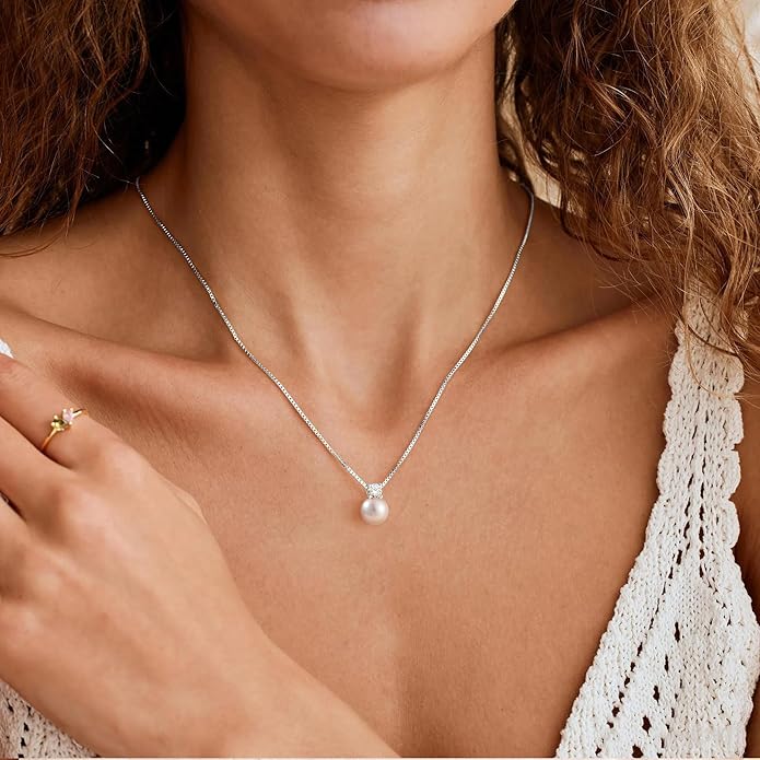 WFYOU Pearl Necklaces for Women Trendy 6MM 8MM 10MM Dainty Round Natural Freshwater Pearl Necklace Silver 14K Gold Plated CZ Pearls Necklaces for Women Birthday Bridesmaid Wedding Gifts Pearl Jewelry