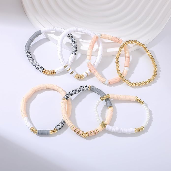 Heishi Beaded Stretch Bracelets for Women Stackable Polymer Clay Beads Bracelets Friendship Boho Summer Beach Bracelet Jewelry Set
