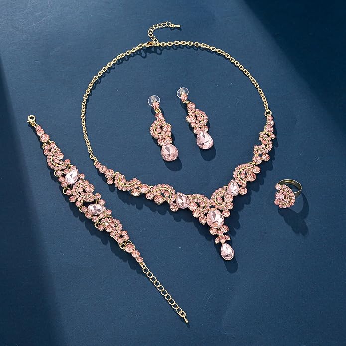 Crystal Bridal Wedding Jewelry Sets for Women Rhinestone Teardrop Crystal Statement Choker Necklace Drop Earrings Link Bracelets Rings Teardrop Jewelry Set for Brides Bridesmaids