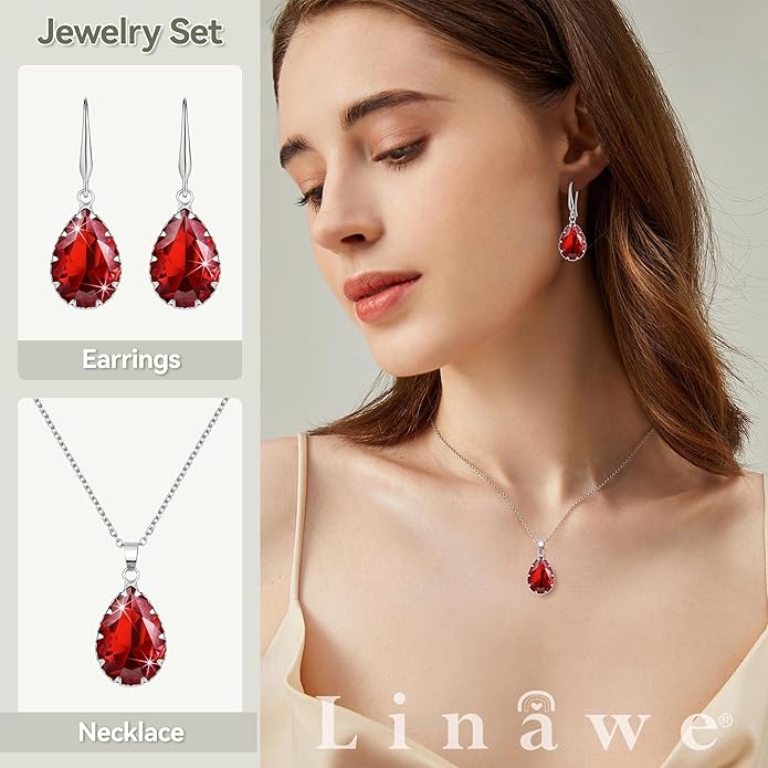 Linawe Crystal Jewelry Sets for Women, Imitation Diamond Pendant Necklace, Rhinestone Drop Dangle Earrings, Birthstone Cubic Zirconia Matching Wedding Jewelry, 14K Gold/Rose Gold/Silver Tones