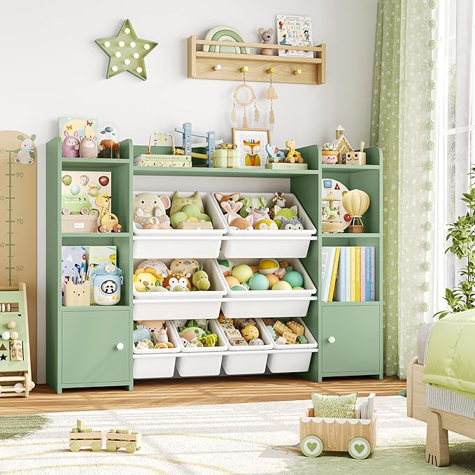 FOTOSOK 55''Large Toy Storage Organizer with 8 Toy Bins, Toy Organizers and Storage with Shelf and 6 Storage Cubbies, Bookshelf for Kids, Playroom Organization and Storage Bins, Green