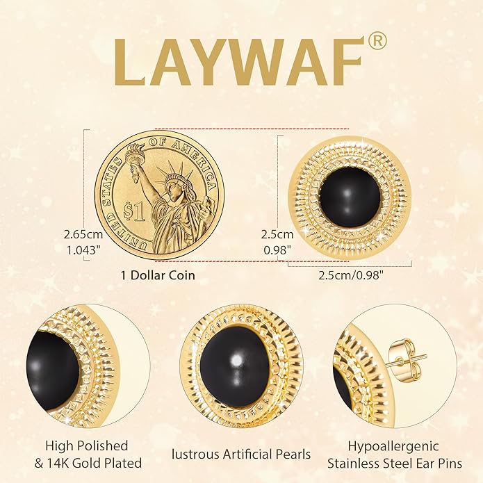 Faux Pearl Gold Plated Stud Earrings for Women, Hypoallergenic Stainless Steel Ear Pin, Available in a Variety of Pearl Colors