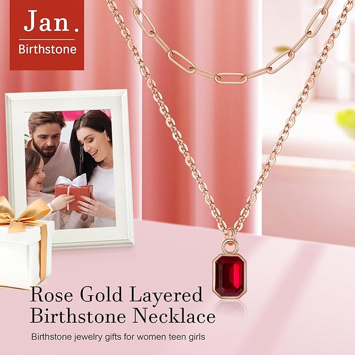 Layered Birthstone Necklace for Women Girls, 14K Gold-Plated Paperclip Chain Choker Necklace with Rectangle Birthstone Pendant Birthday Gifts for Women Girls Dainty Small