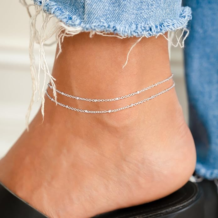 Ankle Bracelets for Women, Glitter Waterproof Adjustable Anklet for Women, 14K Gold Plated/Sterling Silver Layered Anklets, Summer Beach Anklet Jewelry for Women Gift