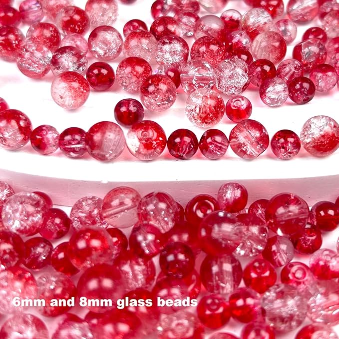 300pcs Crackle Glass Beads, 6mm and 8mm Red Crystal Glass Beads Round Loose Spacer Bulk Beads for DIY Craft Earring Necklace Bracelet Jewelry