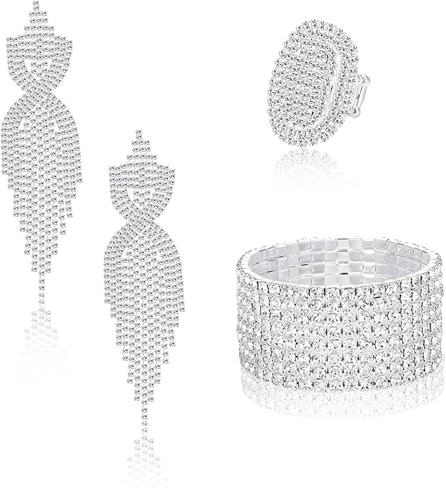 Sllaiss Rhinestone Bridal Jewelry Set for Women Sparkling Rhinestone Stretch Bracelet Ring Dangle Tassel Earrings Set Costume Jewelry