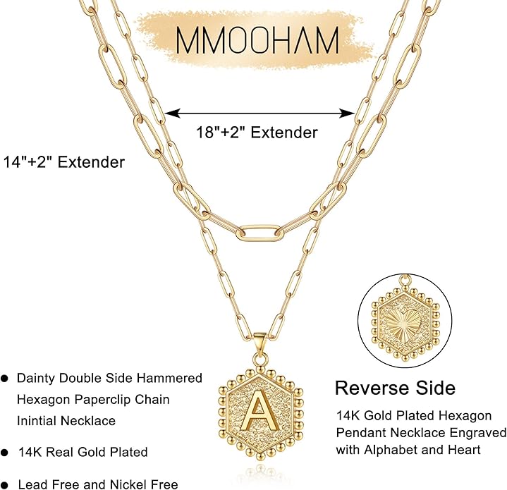 M MOOHAM Valentines Gifts for Women Teen Girls, 14K-Gold-Plated Initial Necklaces for Women Cute Hexagon Letter Initial Necklace Layered Necklaces for Womens Teen Girl Valentines Jewelry Gifts