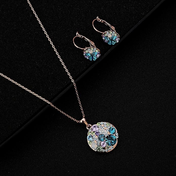 EVEVIC Austrian Crystals Round Disc Pendant Necklace Earrings for Women 14K Gold Plated Hypoallergenic Jewelry Sets
