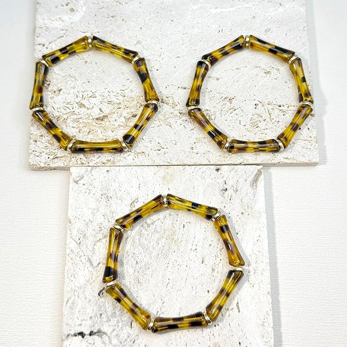 Tortoise Shell Bamboo Bangle Bracelet for Women – 3-Layer Acrylic Stretch Cuff with Faux Tortoiseshell Pattern – Retro Stackable Jewelry