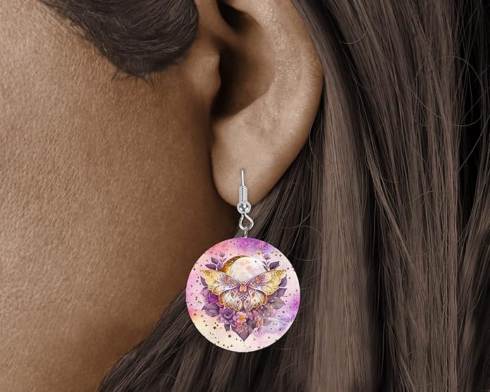 Round Wood Earrings Light Weight Printed Image Dangle Jewelry
