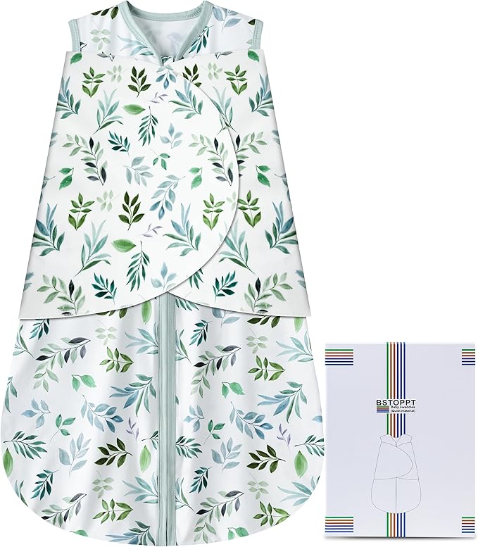 Newborn Sleep Sack Baby Swaddle,Swaddle me 6-12 Month,3-Way Adjustable Wearable Blanket,100% Rayon Cotton Swaddling Sleeping Bag，TOG 0.5 (Leaf, 6-12 Months)