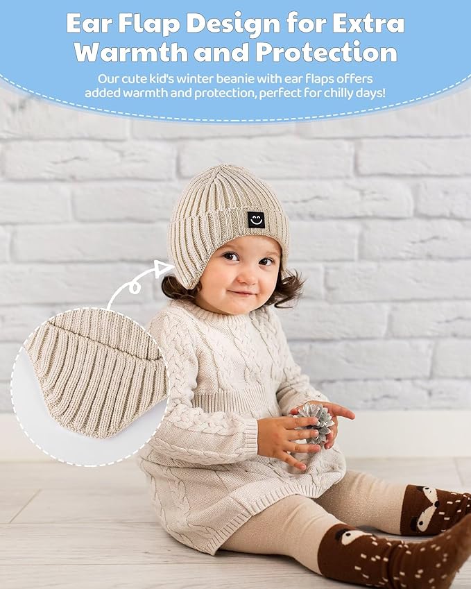 3 Pack Baby Beanie Hats with Earflaps, 2 Size Baby Winter Hat for Infant Toddler Kids, Fleece Lined Knit Hat for Girls Boys