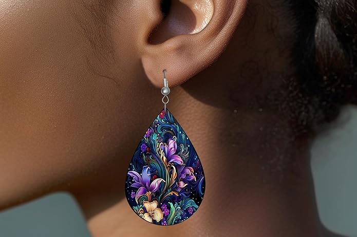 Teardrop Wood Earrings Light Weight Printed Image Dangle Jewelry, Fun and Funky Earrings