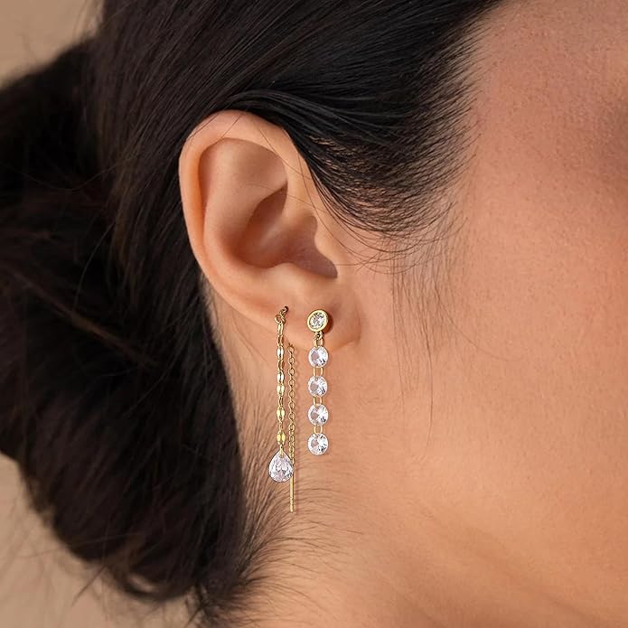 Dangle Earrings For Women Trendy 14K Gold Plated Drop Silver Long Dangling Dainty CZ Simple Hanging Jewelry