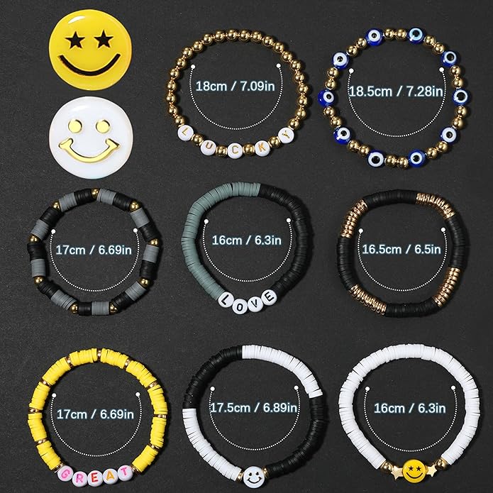 Preppy Bracelets Set Colorful White Gold Smile Heart Star Polymer Beaded Pearl Clay Stackable Charm Y2K Kidcore Aesthetic Summer Beach Bohemian Stretch Layering Bracelets Jewelry for Girls Women Teens