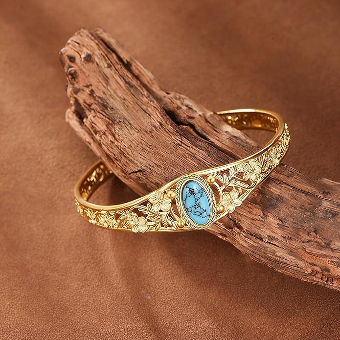 GEHN Bangle 10K 14K 18K Solid Gold Turquoise Bangle Vintage Flower Bracelet Bangle Boho Adjustable Bangle Personalised Jewelry for Women Mother Valentine's, Birthday Gift
