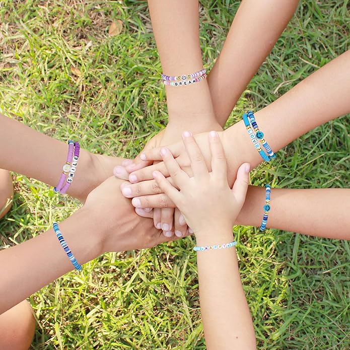Preppy Bracelets Set Colorful White Gold Smile Heart Star Polymer Beaded Pearl Clay Stackable Charm Y2K Kidcore Aesthetic Summer Beach Bohemian Stretch Layering Bracelets Jewelry for Girls Women Teens