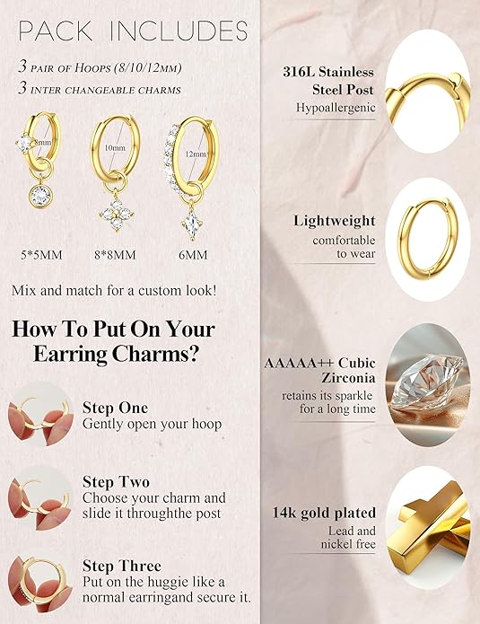 18 PCS Single Cartilage Studs Earrings Women Trendy 14k Gold Plated Flat Back Earings Stacks Dainty Small Pendant Dangle Huggie Hoops Earring Cubic Zirconia Flatback Stud Sets for Multiple Piercing