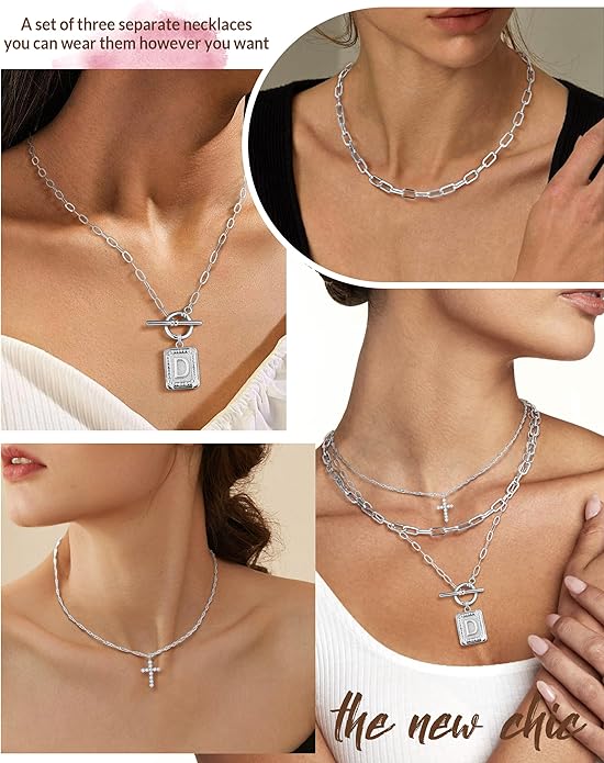 MJartoria Layered Initial Necklaces for Women Trendy, 14K Gold Plated Brass Simple Dainty Cross Choker Square Letter Pendant Necklace, Paperclip Chain Necklaces Jewelry