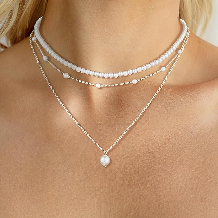 DIBOLA Gold Jewelry Set for Women, Dainty Layered 14K Gold/Silver Pearl Choker Necklaces and Earring Set Pearl Earrings Bracelets Wedding Bride Jewelry