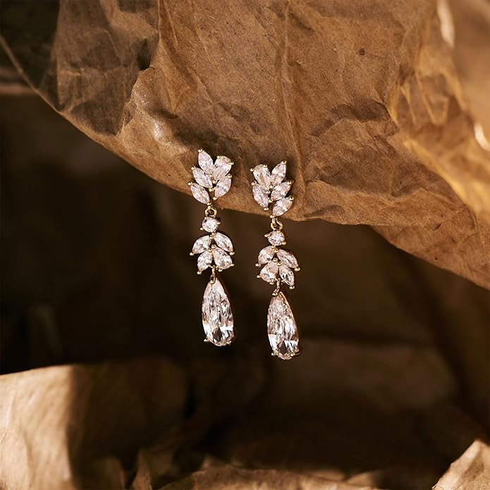 Dangle Drop Earrings for Women Wedding Bridal Rhinestone Long Cubic Zircon Dangling Crystal Chandelier Sparkly 14K Gold Plated Dainty Trendy Jewelry