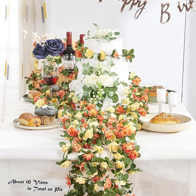 8Pcs x 8.2FT Artificial Flower Garland Rose Vine Decor, Champagne Flower | - Image 2
