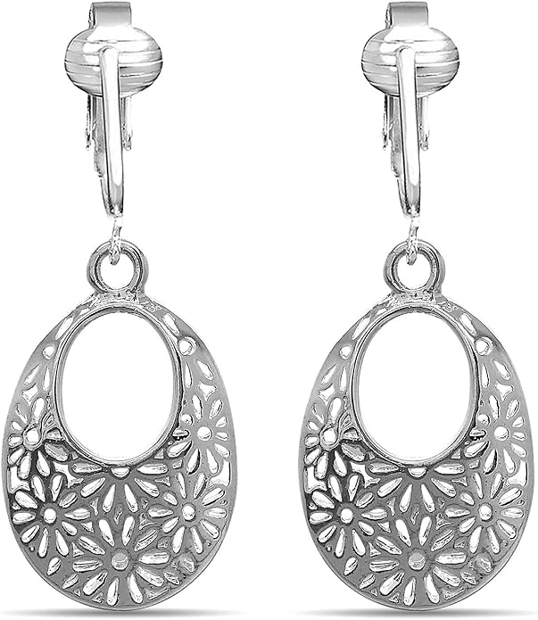 Silver Clip On Earrings For Women, They Look Pierced, Don't Pinch & Won't Fall Off, Hypoallergenic & Lightweight