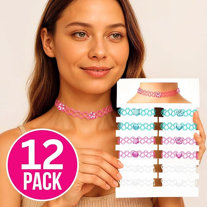 BodyJ4You 12PC Tattoo Choker Necklace for Women - 90s Choker Necklaces Y2K Fashion Trendy Vintage - Emo Black Choker Rainbow Pink White Purple Neon Green Blue Daisy Flower