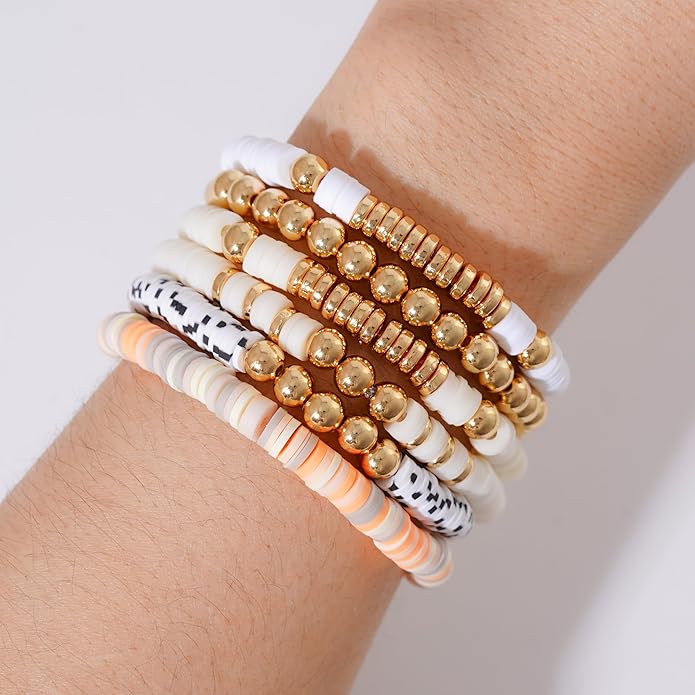 GOOJIDS Surfer Heishi Clay Bead Bracelets for Women Bohemian Stackable Gold Plated Beaded Stretch Bracelets Elastic Layering Friendship Bracelets Set Boho Jewelry