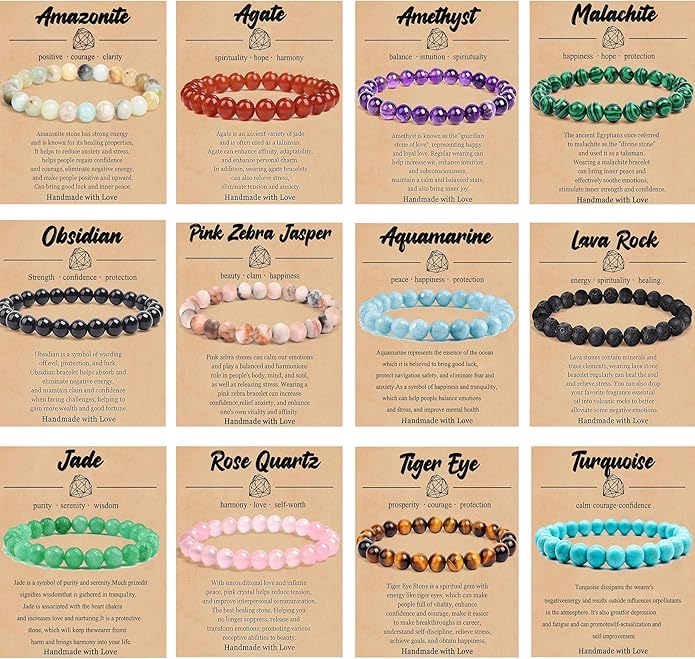 12 PCS 8mm Semi-Precious Gemstone Beaded Bracelets Natural Crystal Bracelets for Women Men, Round Gemstones Stretch Bracelet, Yoga Bracelets Jewelry Gifts