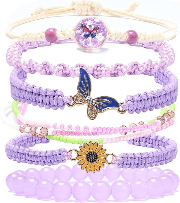 DS 6PCS String beads Charm Bracelets for Teen Girls Handmade Braided Rope Butterfly daisies Eternal flower Boho Surfer Bracelet for women Adjustable friendship Stretch birthday jewelry Gift Friends