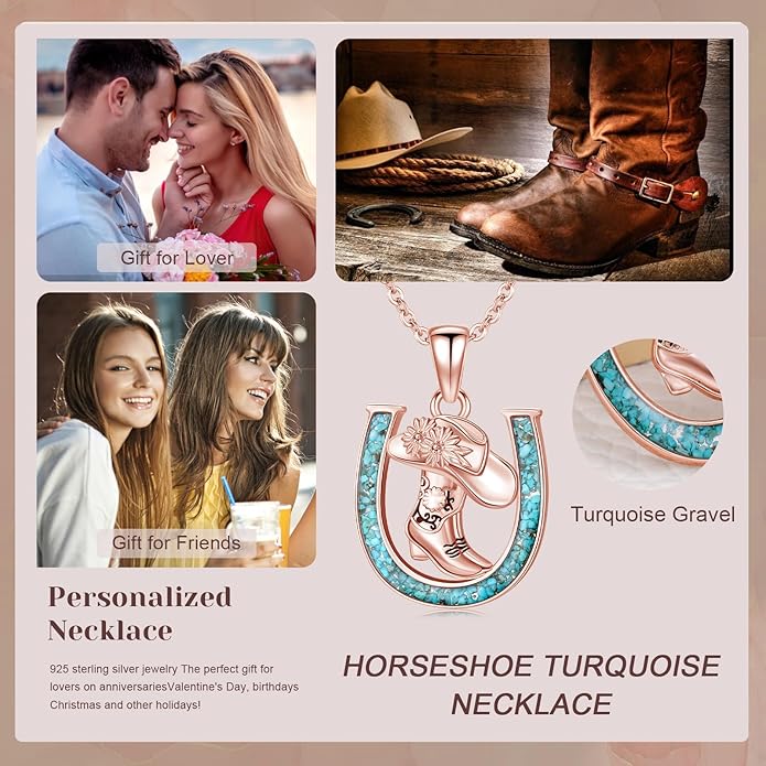 Western Cowboy Necklace 925 Sterling Silver Horseshoe Pendant Western Jewelry Cowgirl Gifts for Women Girlfriend Cowboy Cowgirl